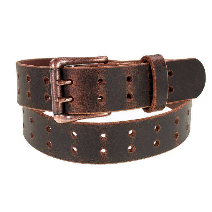 Double Prong Retro Style Leather Belt - 1.5" Antique Copper Buckle