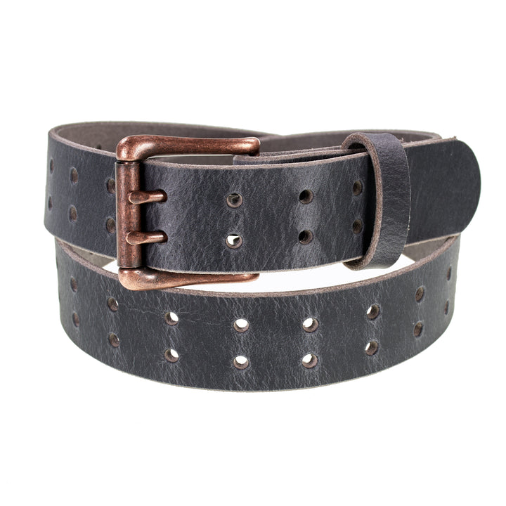 Double Prong Retro Style Leather Belt - 1.5" Antique Copper Buckle