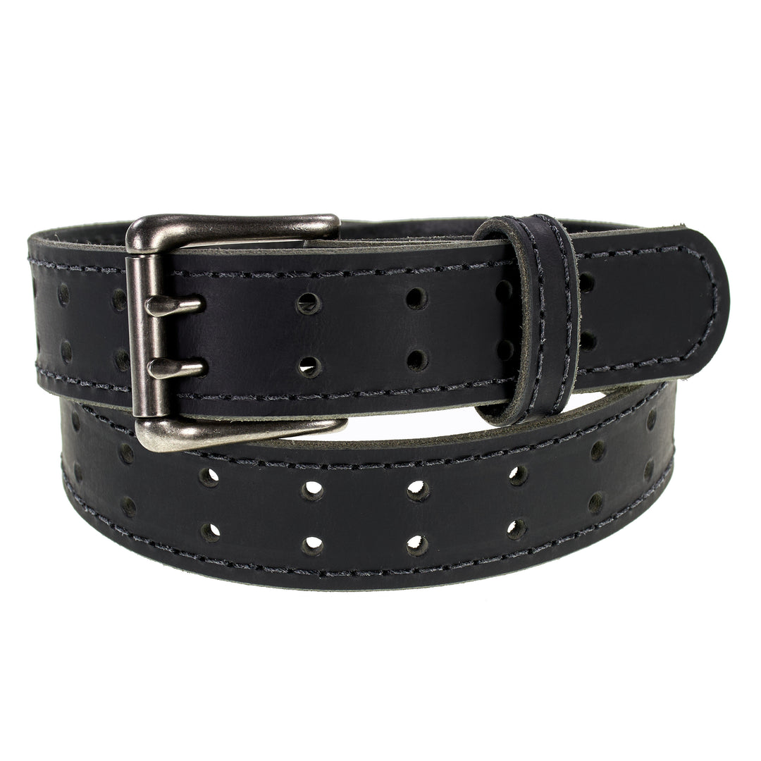 Double Prong Retro Style Leather Belt - 1.5" Matte Nickel Buckle