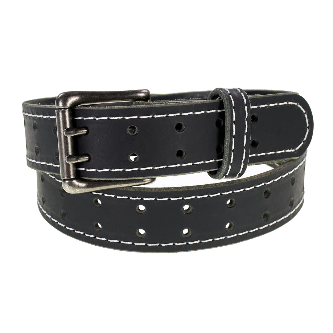 Double Prong Retro Style Leather Belt - 1.5" Matte Nickel Buckle