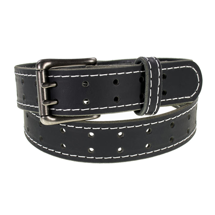Double Prong Retro Style Leather Belt - 1.5" Matte Nickel Buckle