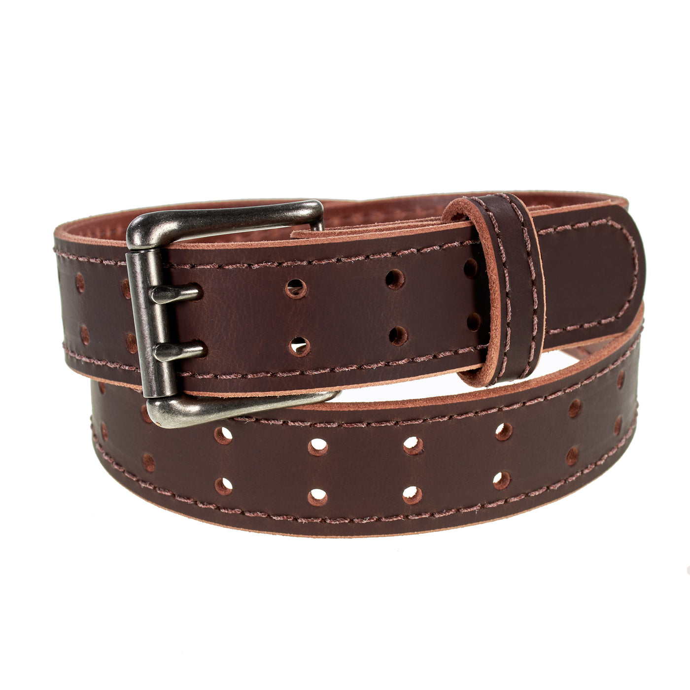 Double Prong Retro Style Leather Belt - 1.5" Matte Nickel Buckle