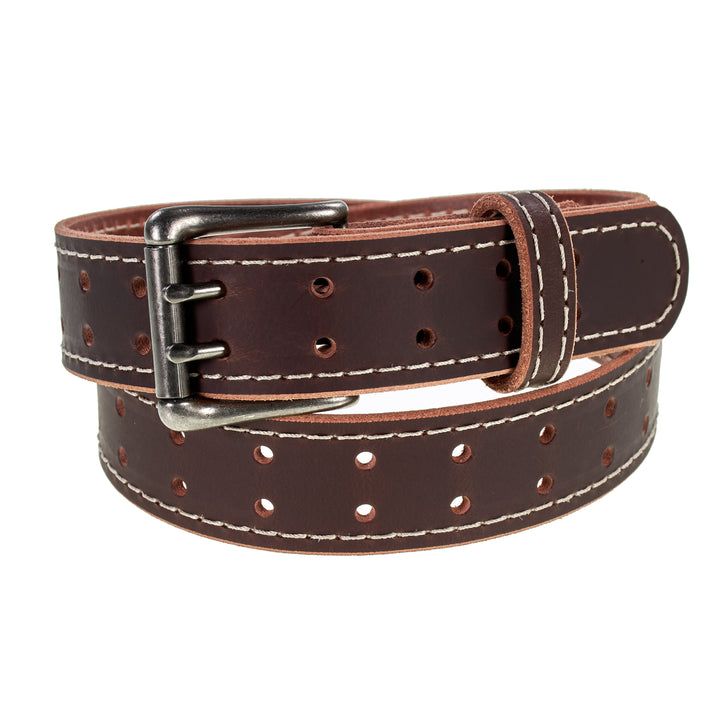 Double Prong Retro Style Leather Belt - 1.5" Matte Nickel Buckle