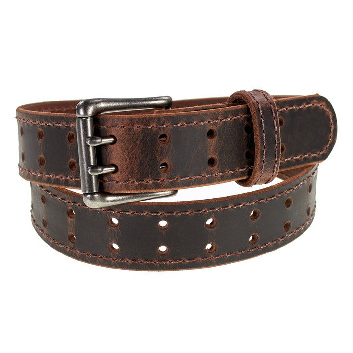 Double Prong Retro Style Leather Belt - 1.5" Matte Nickel Buckle