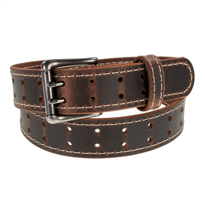 Double Prong Retro Style Leather Belt - 1.5" Matte Nickel Buckle