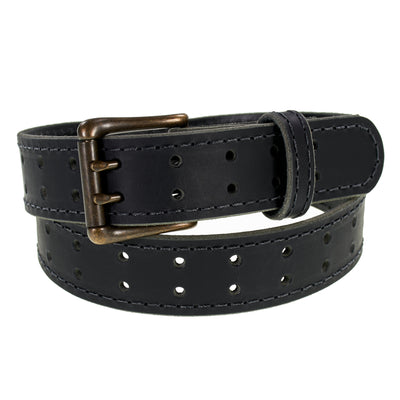 Double Prong Retro Style Leather Belt - 1.5" Antique Brass Buckle