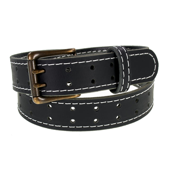 Double Prong Retro Style Leather Belt - 1.5" Antique Brass Buckle