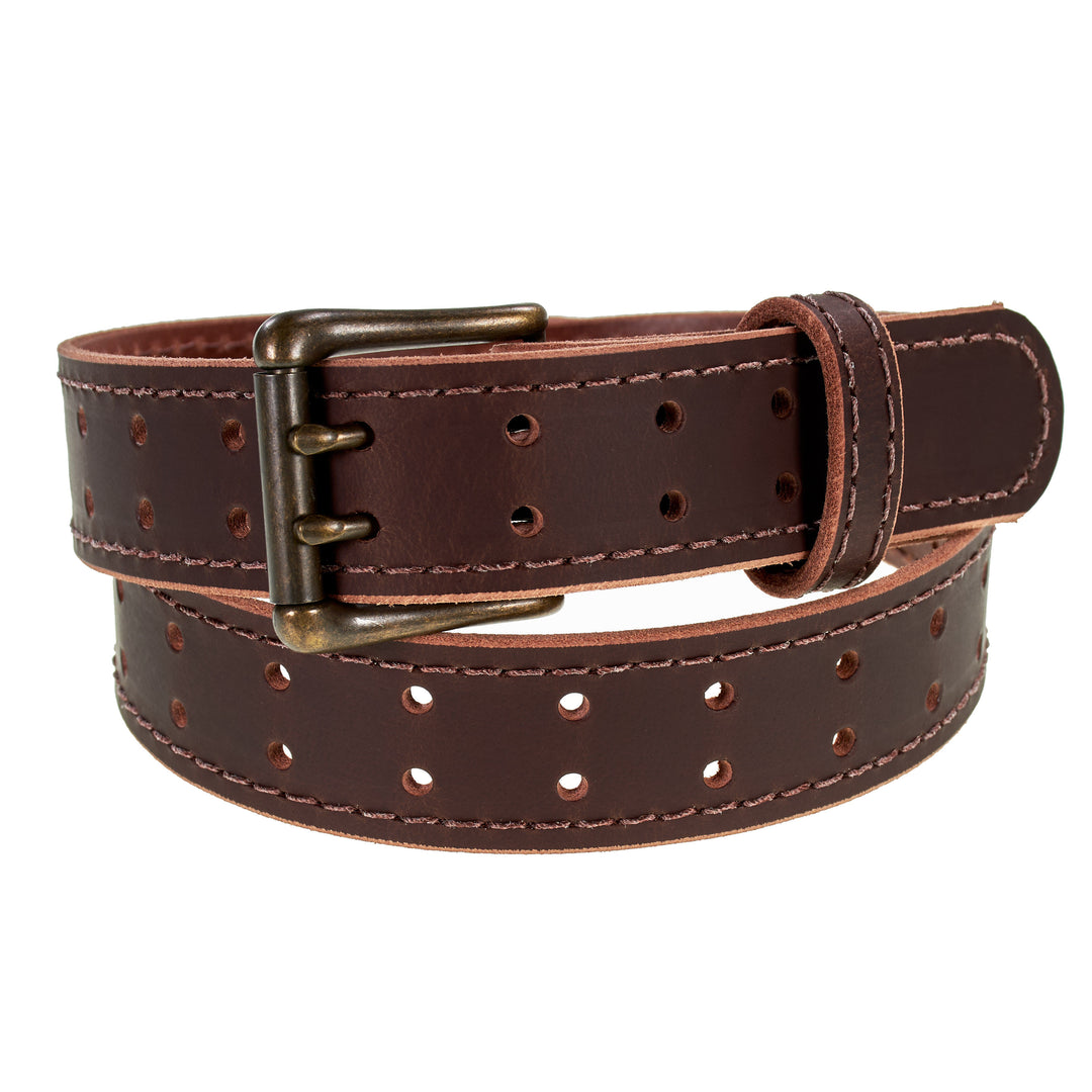 Double Prong Retro Style Leather Belt - 1.5" Antique Brass Buckle