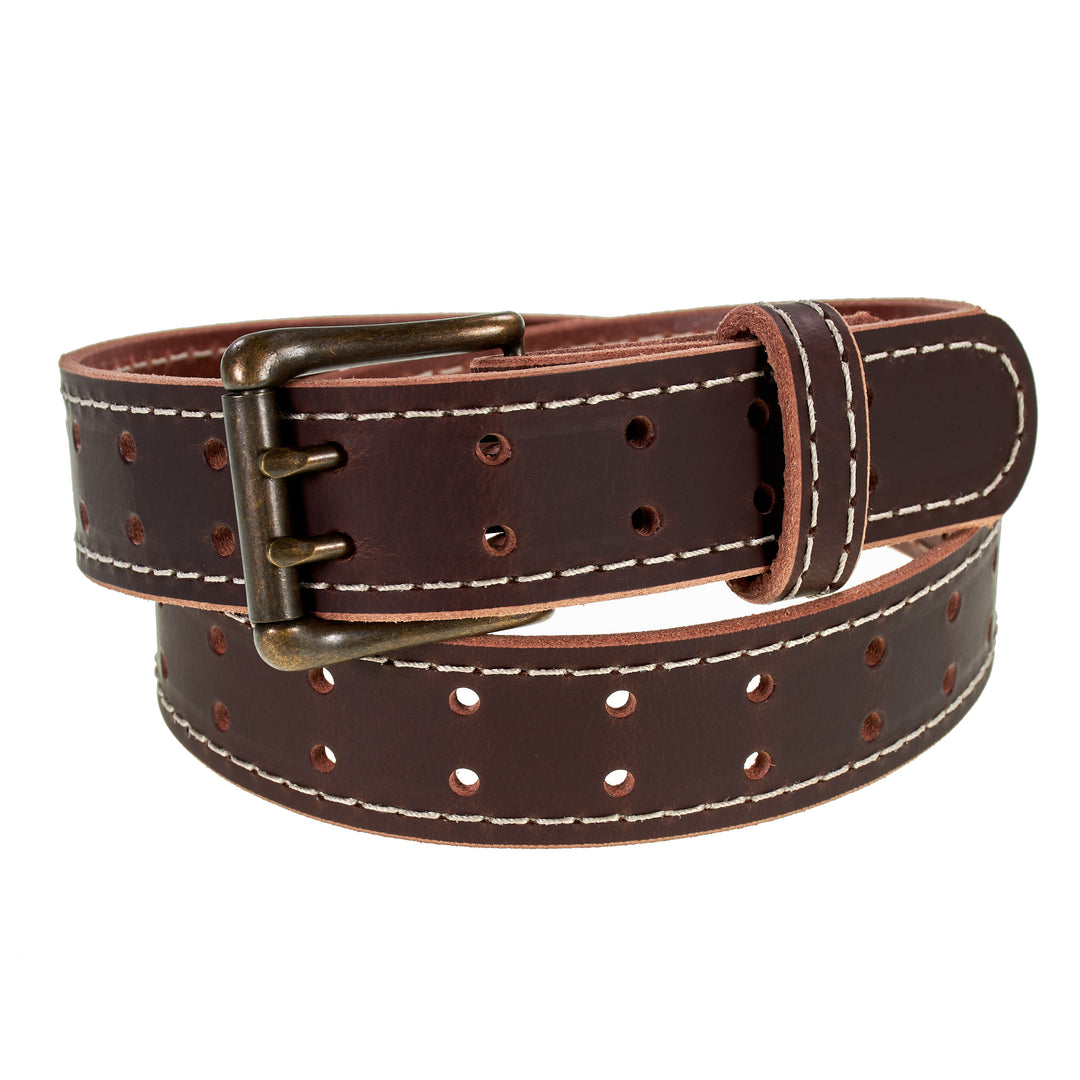 Double Prong Retro Style Leather Belt - 1.5" Antique Brass Buckle