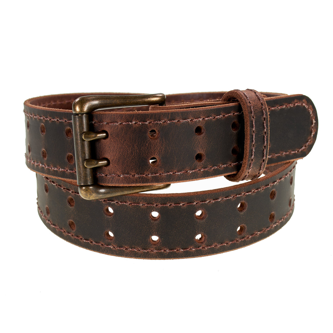 Double Prong Retro Style Leather Belt - 1.5" Antique Brass Buckle
