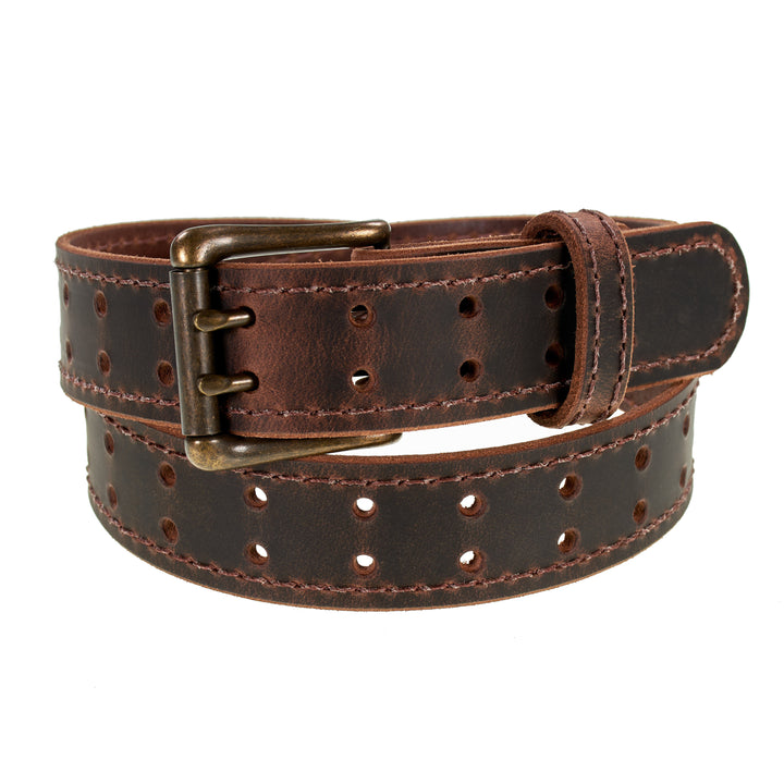Double Prong Retro Style Leather Belt - 1.5" Antique Brass Buckle