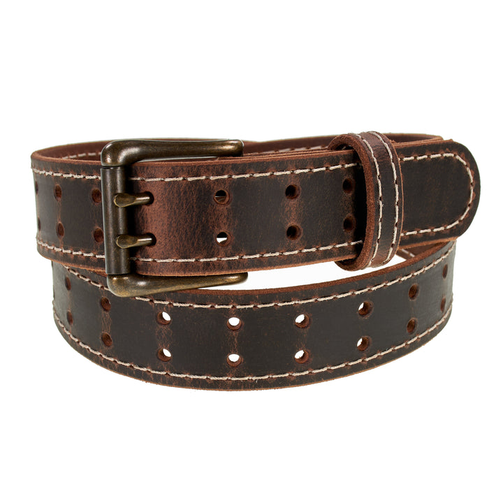 Double Prong Retro Style Leather Belt - 1.5" Antique Brass Buckle