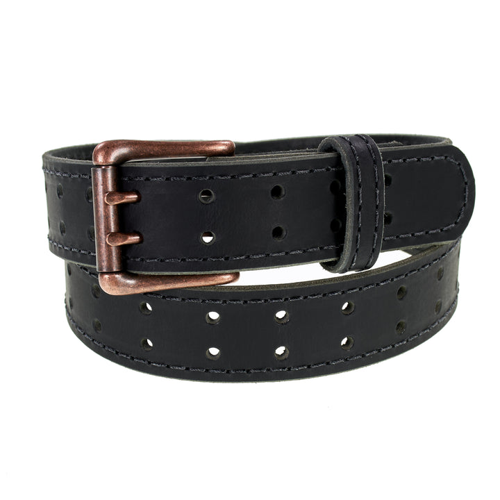 Double Prong Retro Style Leather Belt - 1.5" Antique Copper Buckle