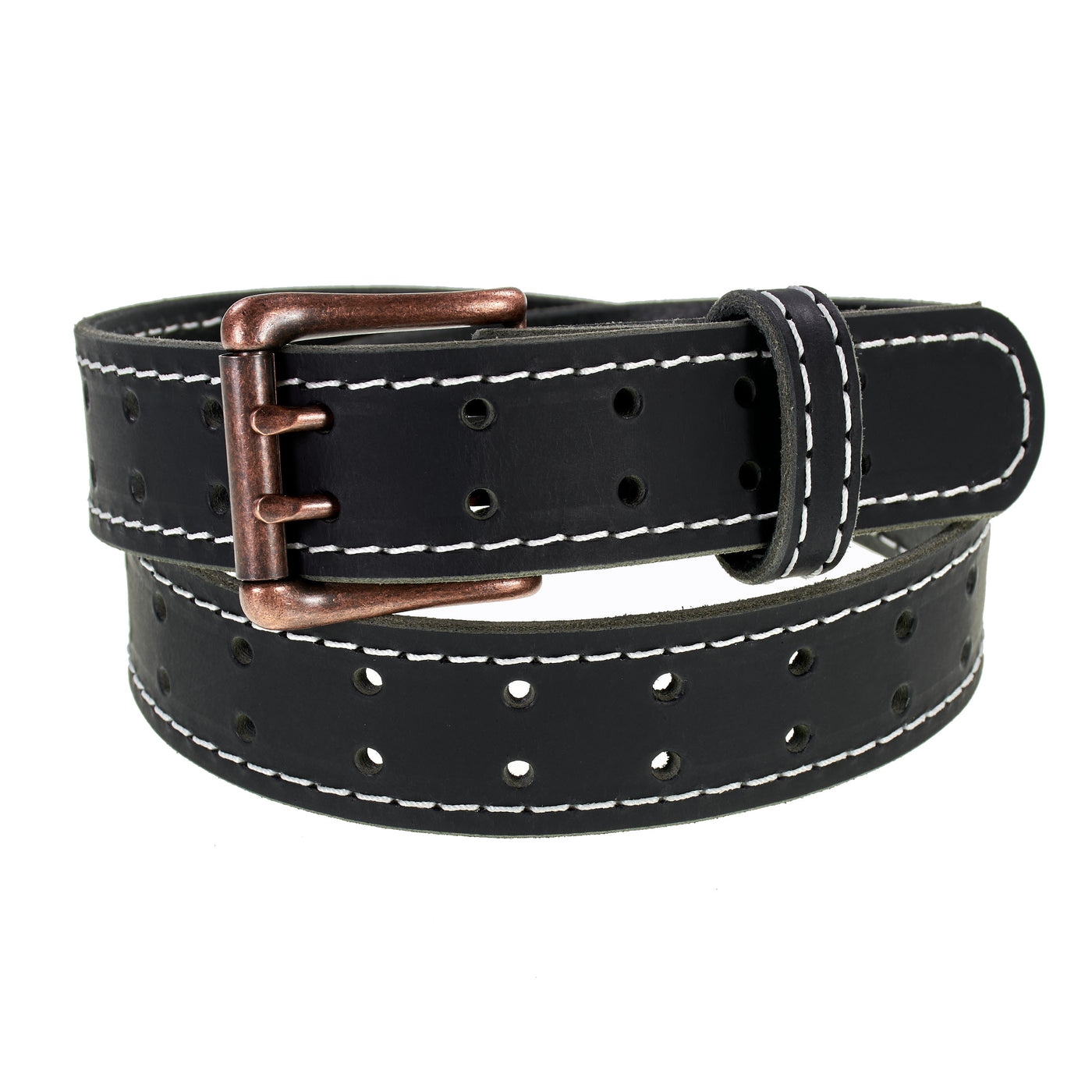 Double Prong Retro Style Leather Belt - 1.5" Antique Copper Buckle