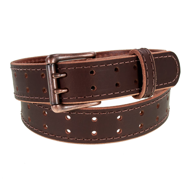 Double Prong Retro Style Leather Belt - 1.5" Antique Copper Buckle