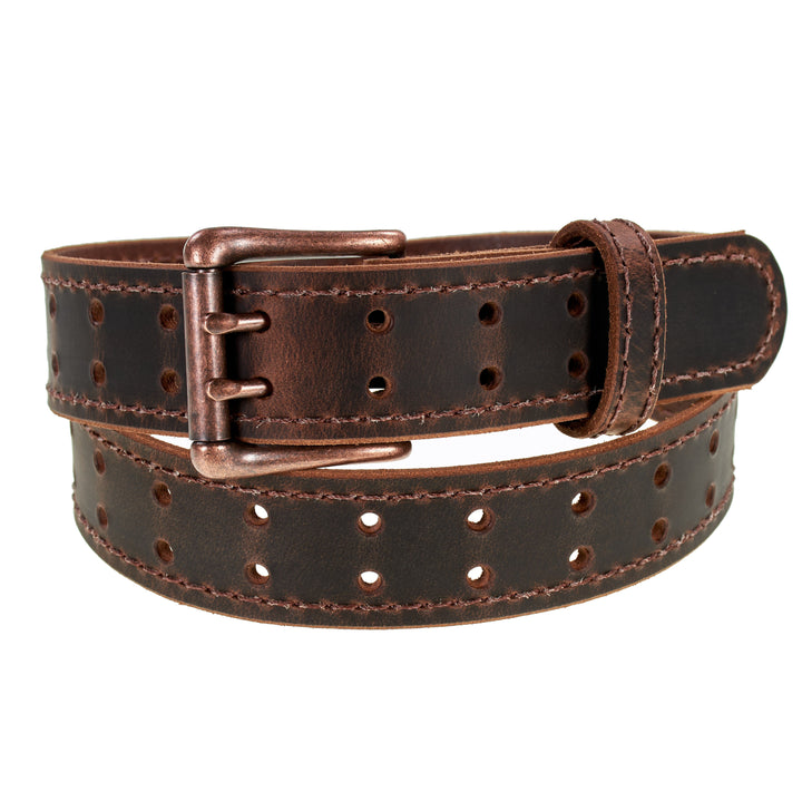 Double Prong Retro Style Leather Belt - 1.5" Antique Copper Buckle