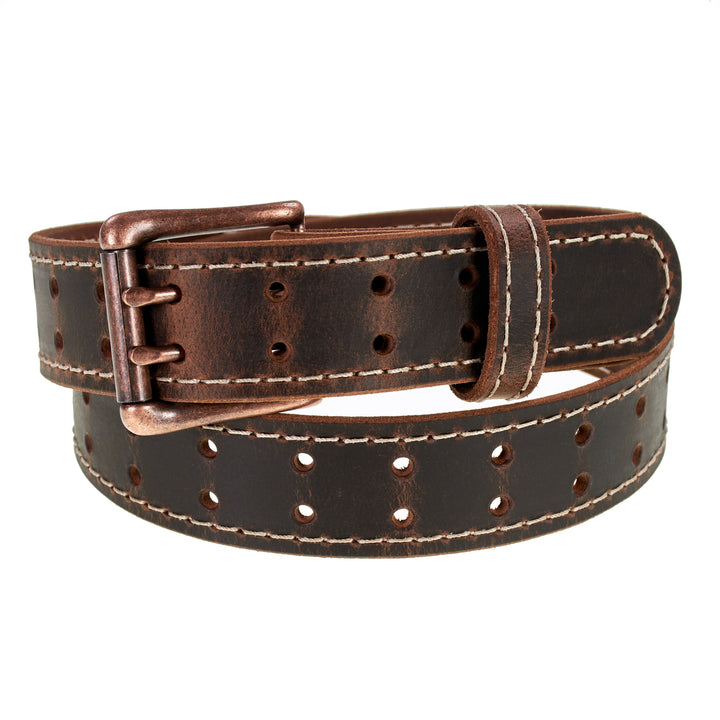 Double Prong Retro Style Leather Belt - 1.5" Antique Copper Buckle