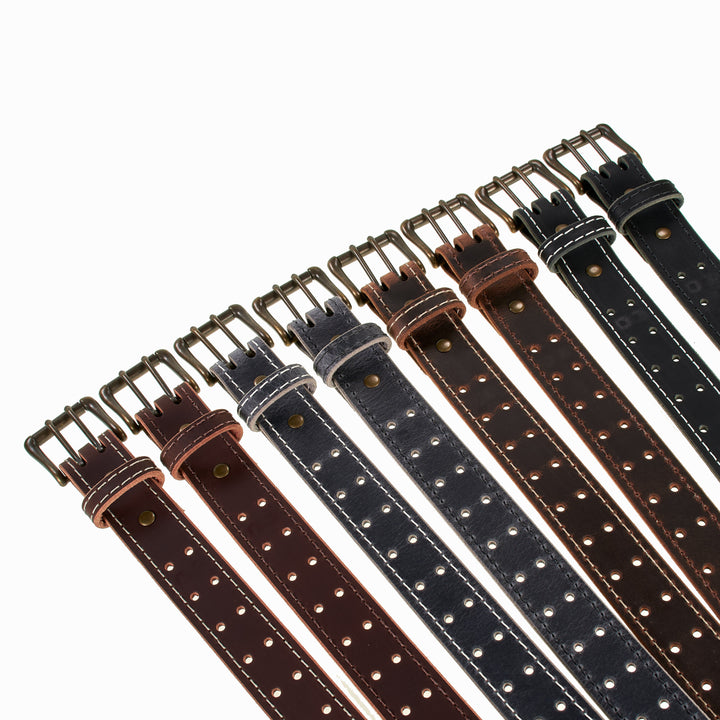 Double Prong Retro Style Leather Belt - 1.5" Antique Brass Buckle