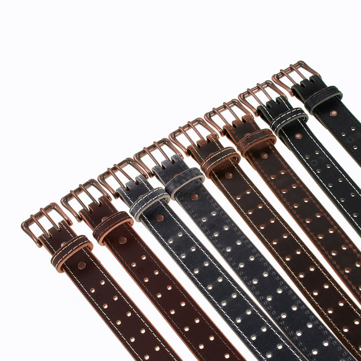 Double Prong Retro Style Leather Belt - 1.5" Antique Copper Buckle