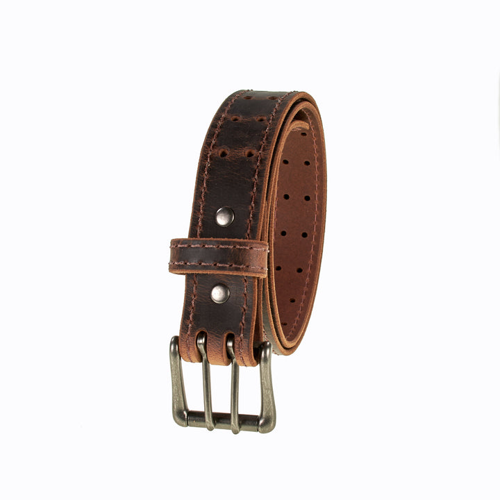Double Prong Retro Style Leather Belt - 1.5" Matte Nickel Buckle
