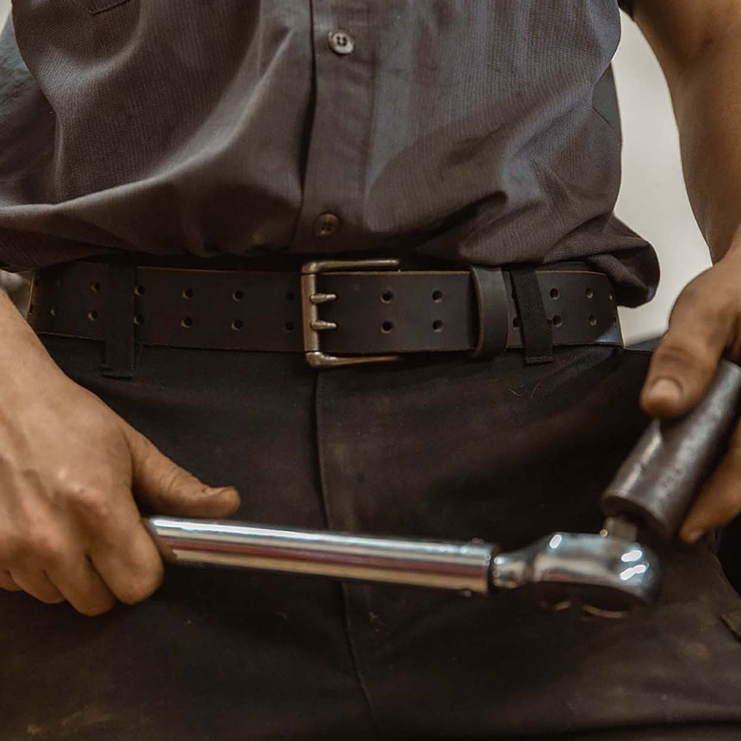 Double Prong Retro Style Leather Belt - 1.5" Matte Nickel Buckle