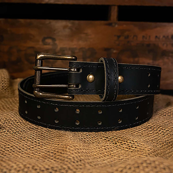 Double Prong Retro Style Leather Belt - 1.5" Antique Brass Buckle
