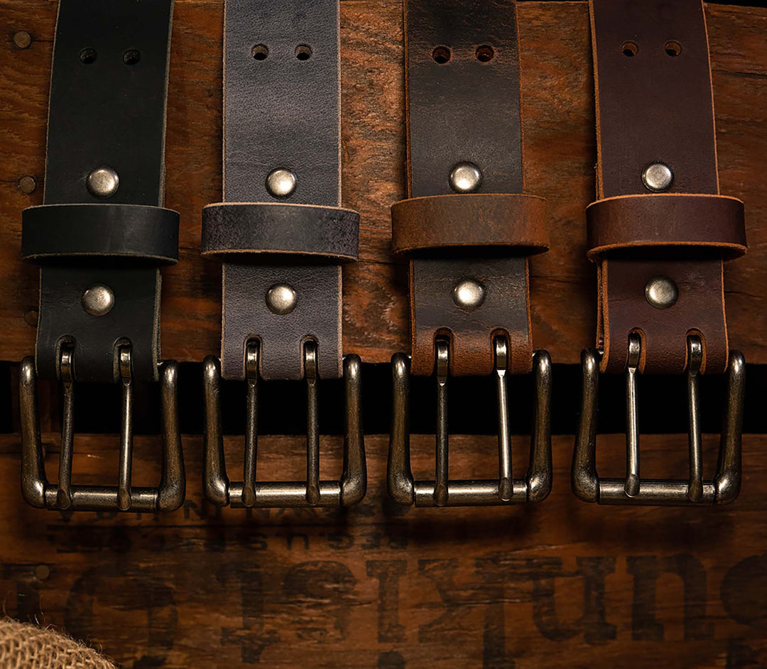 Double Prong Retro Style Leather Belt - 1.5" Matte Nickel Buckle