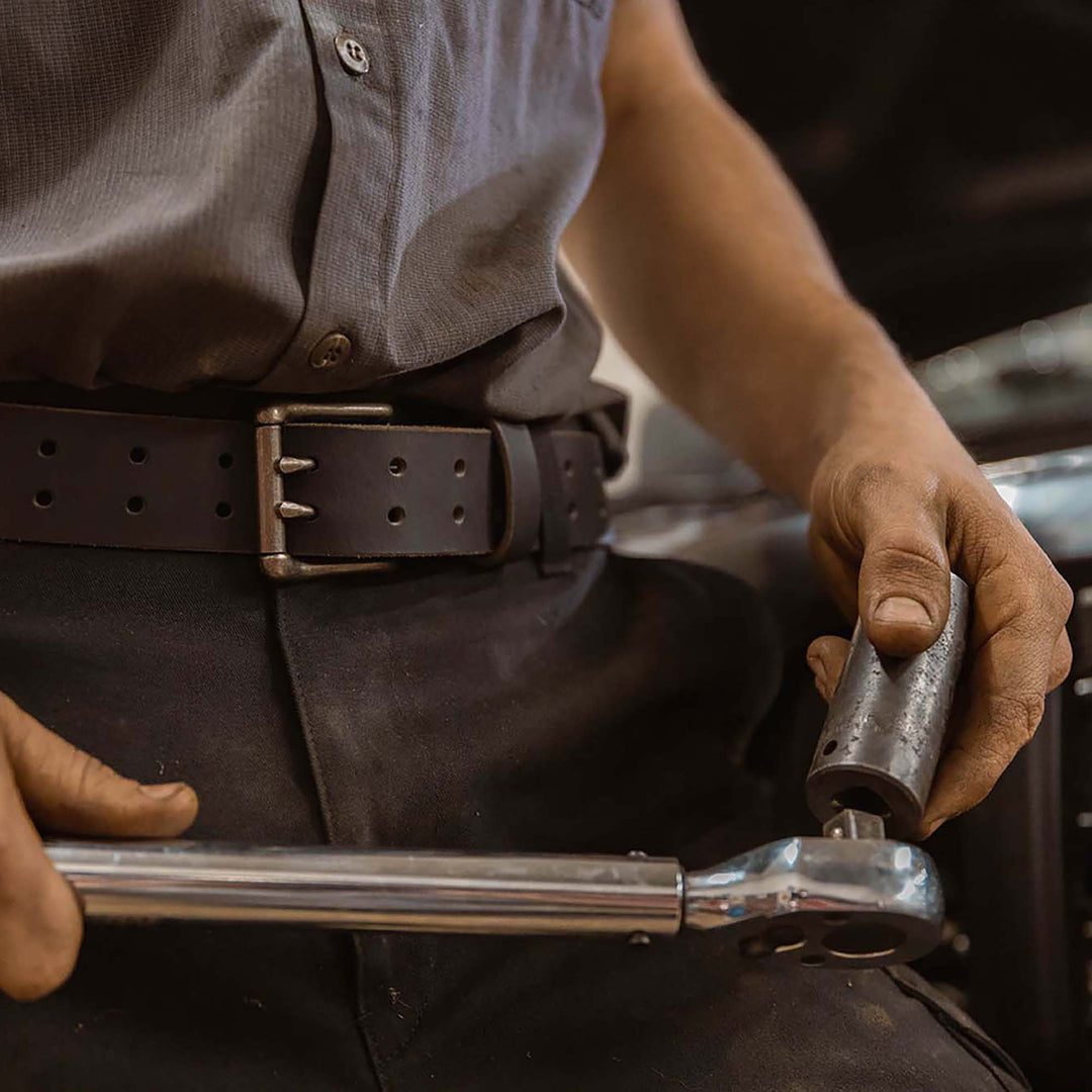 Double Prong Retro Style Leather Belt - 1.5" Antique Brass Buckle